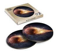 2 x Eco Boxed Cork Coasters - Flaming Basketball Ball Sports Drink Cup Mug Glass Table Mat #2572