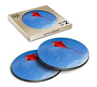 2 x Eco Boxed Cork Coasters - Flying Red Kite Blue Sky Summer Drink Cup Mug Glass Table Mat #15985