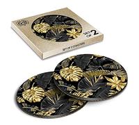 2 x Eco Boxed Cork Coasters - Gold & Black Tropical Leaf Print Drink Cup Mug Glass Table Mat #24546