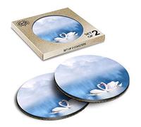 2 x Eco Boxed Cork Coasters - Graceful Swans on Misty Lake Drink Cup Mug Glass Table Mat #21634