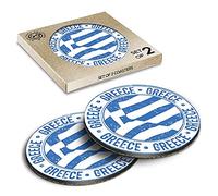 2 x Eco Boxed Cork Coasters - Greece Greek Flag Travel Stamp Drink Cup Mug Glass Table Mat #5591