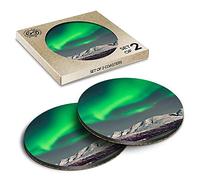 2 x Eco Boxed Cork Coasters - Green Aurora Borealis Northern Lights Drink Cup Mug Glass Table Mat #8573