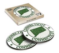 2 x Eco Boxed Cork Coasters - Green Connecticut Map USA America Drink Cup Mug Glass Table Mat #9289
