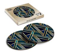 2 x Eco Boxed Cork Coasters - Green Gold Art Deco Geometric Drink Cup Mug Glass Table Mat #12546