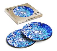 2 x Eco Boxed Cork Coasters - Ice Blue Isometric Swirl Mosaic Fractal Drink Cup Mug Glass Table Mat #16111