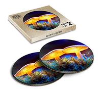 2 x Eco Boxed Cork Coasters - Magic Glowing Mushrooms Fantasy Drink Cup Mug Glass Table Mat #14811