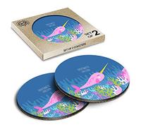 2 x Eco Boxed Cork Coasters - Pink Narwhal Unicorn Whale Drink Cup Mug Glass Table Mat #3504