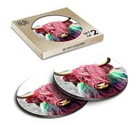 2 x Eco Boxed Cork Coasters - Pop Art Highland Cow Pink Rainbow Drink Cup Mug Glass Table Mat #21684