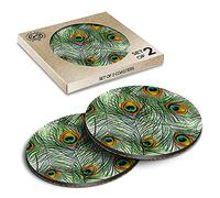 2 x Eco Boxed Cork Coasters - Pretty Peacock Feather Bird Drink Cup Mug Glass Table Mat #13098