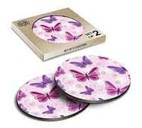 2 x Eco Boxed Cork Coasters - Purple Pink Butterfly s Butterfly Drink Cup Mug Glass Table Mat #13090