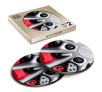 2 x Eco Boxed Cork Coasters - Red Brake Caliper Alloy Wheel Car Drink Cup Mug Glass Table Mat #15850