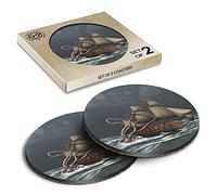 2 x Eco Boxed Cork Coasters - Sea Monster Kraken Ship Attack Drink Cup Mug Glass Table Mat #16544