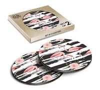 2 x Eco Boxed Cork Coasters - Tropical Pink Flamingo Stripe Print Drink Cup Mug Glass Table Mat #13214