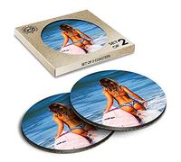 2 x Eco Boxed Cork Coasters - Wave Rider Girl Surf Surfer Surfing Drink Cup Mug Glass Table Mat #8086