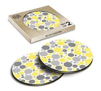 2 x Eco Boxed Cork Coasters - Yellow Grey Large Dots Pattern Print Drink Cup Mug Glass Table Mat #46501
