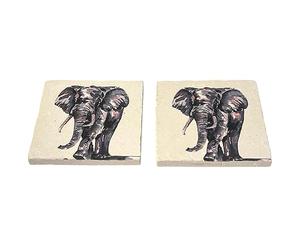2 x ELEPHANT STONE COASTERS | Stone Coasters | Animal novelty gift | Coaster for glass, mugs and cups| Square coaster for drinks | Elephant gift | Meg Hawkins art | 10cm x 10cm