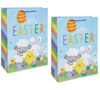2 x Extra Large Happy Easter Gift Bags Chick Bunny Lamb and Decorated Eggs 18 x13"