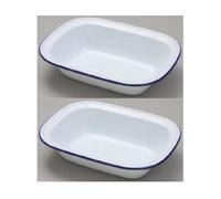 2 X Falcon 22Cm Oblong Enamel Pie Dish Non Stick Oven Baking Dish White Blue Rim