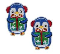2 X Festive Penguin with Present Christmas Embroidered Patch - Iron-On Holiday Applique for Clothing, Stockings, Bags, DIY Projects - Cute Winter Design - 4 x 5 cm