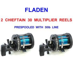 2 X FLADEN CHIEFTAIN 30 MULTIPLIER REELS WITH LINE ON BOAT SEA FISHING TACKLE