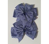 2 x 'Flat Fan' Bow Hair Bobbles | Hair Elastic | School Hair | Gingham Ribbon (Navy and White)