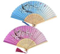2 x Folding Fans with Silk Fringe, Folding Fans, Bamboo Fan with Tassel, Hand Fan for Decoration Wedding Party Gift (Blue and Pink)