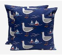 2 x Fryetts Gull s Seaside Seagulls Boats Navy Red Black Grey Nautical Cushion Cover (16” x 16”)