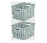 2 x Grey 18L Curver Nestable Plastic Rattan Storage Basket 35.5cm