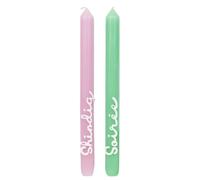 2 x Hand Painted Green and Pink Dinner Candles - Shindig & Soiree Scripted Text | Ideal Birthday or Mothers Day Gift Unscented, 8 Hours Burn Time - Eco-Friendly Packaging, Made by Talking Tables