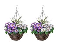 2 x Hanging Baskets with Purple and White Flowers and Decorative Grasses (Set of 2)
