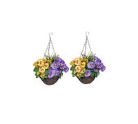 2 x Hanging Baskets with Purple & Yellow Flowers and Decorative Grasses (Set of 2)