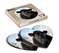 2 x Heart Coasters - Black Aberdeen Angus Cow Cork Backed MDF Glossy Tea Coffee Accessory #50267