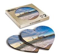 2 x Heart Coasters - Bournemouth Beach Sunset England UK Cork Backed MDF Glossy Tea Coffee Accessory #50363