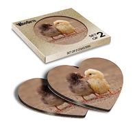 2 x Heart Coasters - Brown & Yellow Baby Chicken Chick Cork Backed MDF Glossy Tea Coffee Accessory #50395