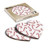 2 x Heart Coasters - Christmas Candy Cane Pattern Xmas Cork Backed MDF Glossy Tea Coffee Accessory #50519