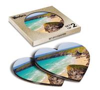 2 x Heart Coasters - Cornish Beach Newquay Cornwall UK Cork Backed MDF Glossy Tea Coffee Accessory #50610
