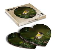 2 x Heart Coasters - Firecrest Small Forest Bird Kinglet Cork Backed MDF Glossy Tea Coffee Accessory #50897