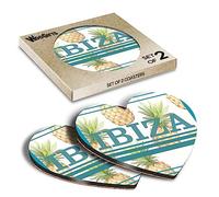 2 x Heart Coasters - Ibiza Island Spain Pineapples Cork Backed MDF Glossy Tea Coffee Accessory #59530