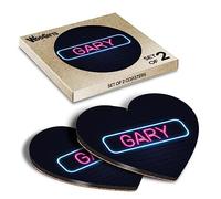 2 x Heart Coasters - Neon Sign Design Gary Name Cork Backed MDF Glossy Tea Coffee Accessory #351943
