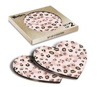 2 x Heart Coasters - Pink Leopard Pattern Big Cat Print Cork Backed MDF Glossy Tea Coffee Accessory #51703
