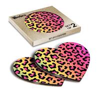 2 x Heart Coasters - Rainbow Coloured Leopard Print Pattern Cork Backed MDF Glossy Tea Coffee Accessory #53341