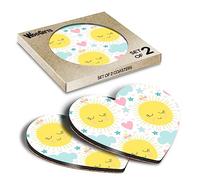 2 x Heart Coasters - Sunshine & Clouds Pattern Love Hearts Kids Cork Backed MDF Glossy Tea Coffee Accessory #170884