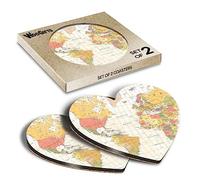 2 x Heart Coasters - Vintage Map of the World Geography Maps Cork Backed MDF Glossy Tea Coffee Accessory #170362