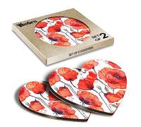 2 x Heart Coasters - Watercolour Red Poppy Flowers Poppies Cork Backed MDF Glossy Tea Coffee Accessory #52421