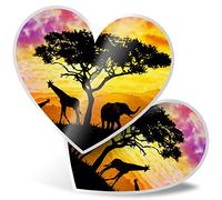 2 x Heart Stickers 7.5 cm - African Sunset Giraffe Elephant Fun Decals for Laptops,Tablets,Luggage,Scrap Booking,Fridges, #12325