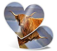 2 x Heart Stickers 7.5 cm - Brown Fluffy Highland Scottish Cow Fun Decals for Laptops,Tablets,Luggage,Scrap Booking,Fridges, #16327