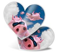 2 x Heart Stickers 7.5 cm - Funny Flying Pigs Pink Pig Fun Decals for Laptops,Tablets,Luggage,Scrap Booking,Fridges, #15799