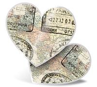 2 x Heart Stickers 7.5 cm - World Map with Travel Stamps Laptop Tablet Luggage Scrapbook #3654