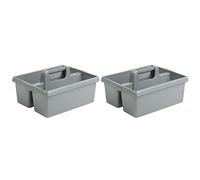 2 X Heavy Duty Large Plastic Handy Kitchen Tool Cleaning Tool Box with Handle Utility Storage Tidy Organiser Tote Tray Two Compartment Cleaners Carry Caddy Multipurpose Cleaning Tools - Silver