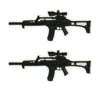 2 X Heckler & Koch G36 Rifle Iron On Patch - 8.9 x 3cm Tactical Black Embroidered Gun Appliqué for Jackets, Bags, Cosplay, Military Gear & DIY Clothing